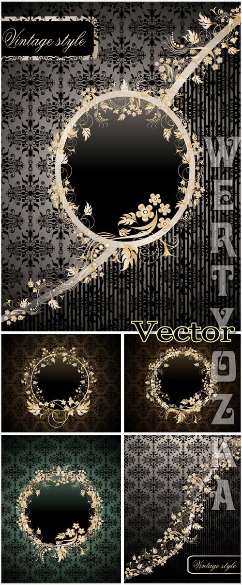        / Dark vector background with gold pattern and decorative flowers